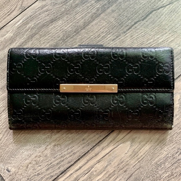 Gucci Handbags - GUCCI Guccissima Continental Leather Embossed Monogram Long Wallet with Gold Bar